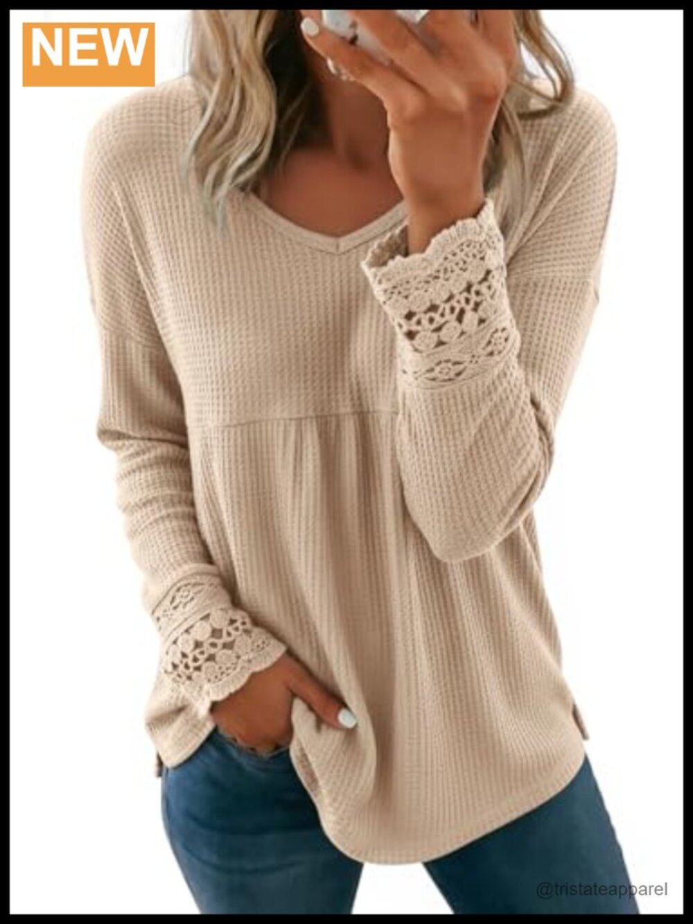 Waffle Knit V Neck Long Sleeve Top Lace Patchwork Loose Tunic Shirt